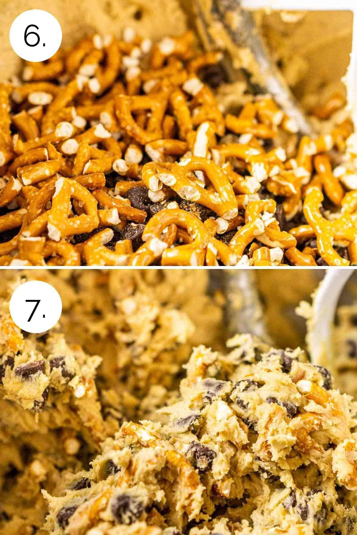 A collage of adding the pretzels and chocolate chips to the cookie dough in a bowl.