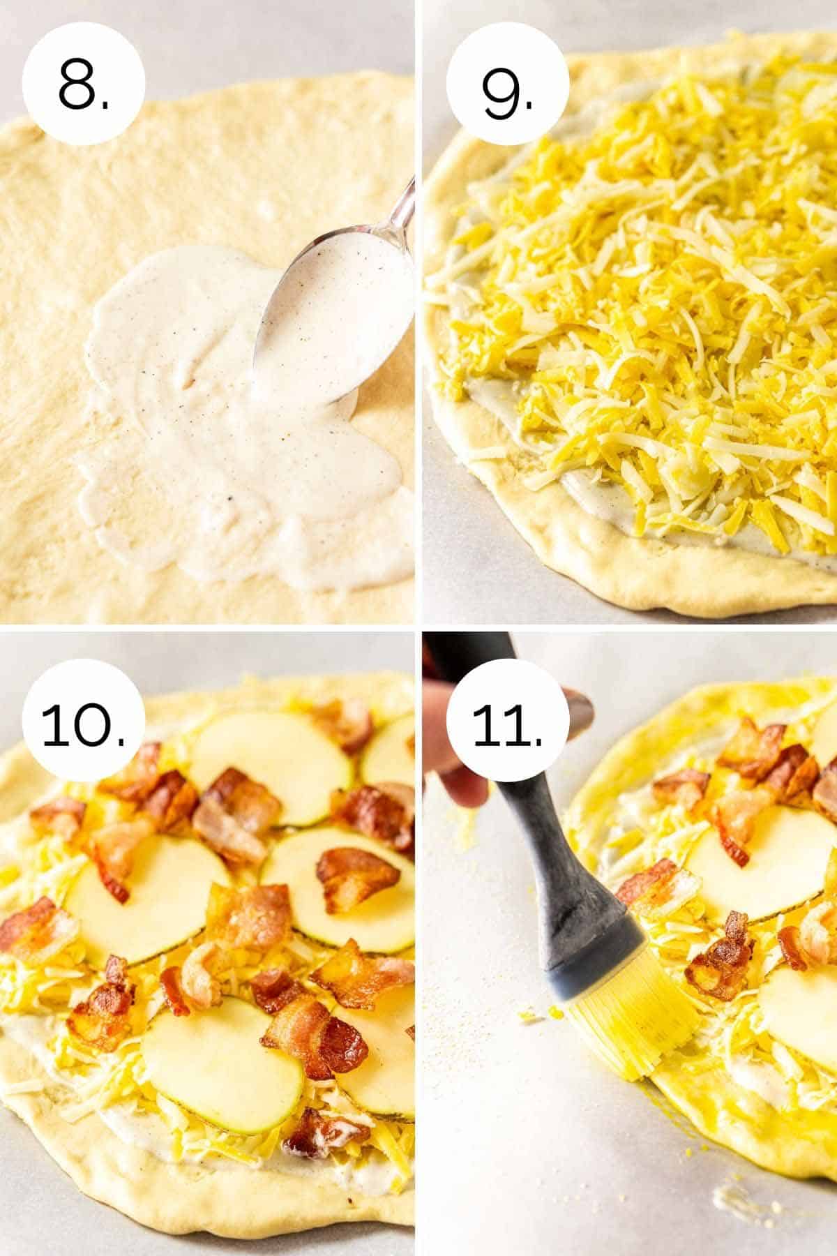 A collage showing the process of adding the toppings to the dough.