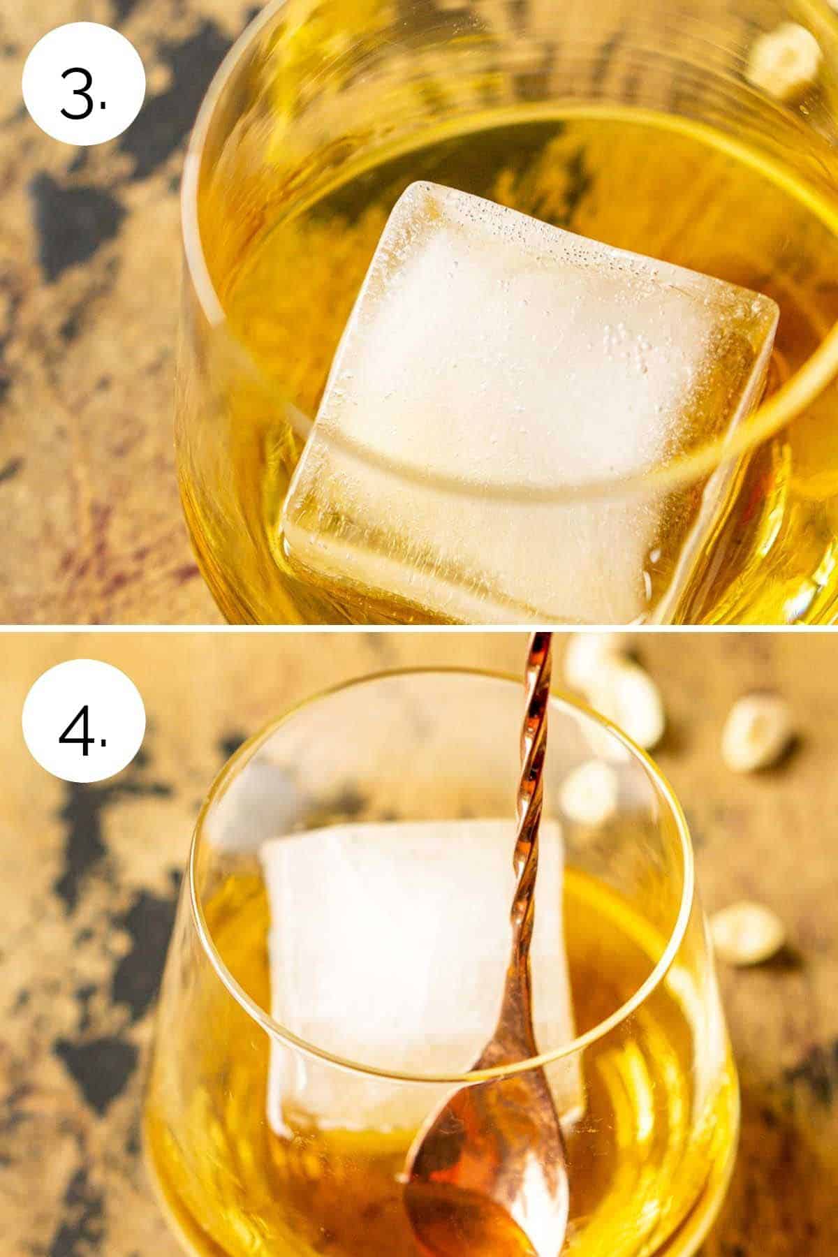 A collage showing the process of adding the ice cube and stirring it to chill and dilute.