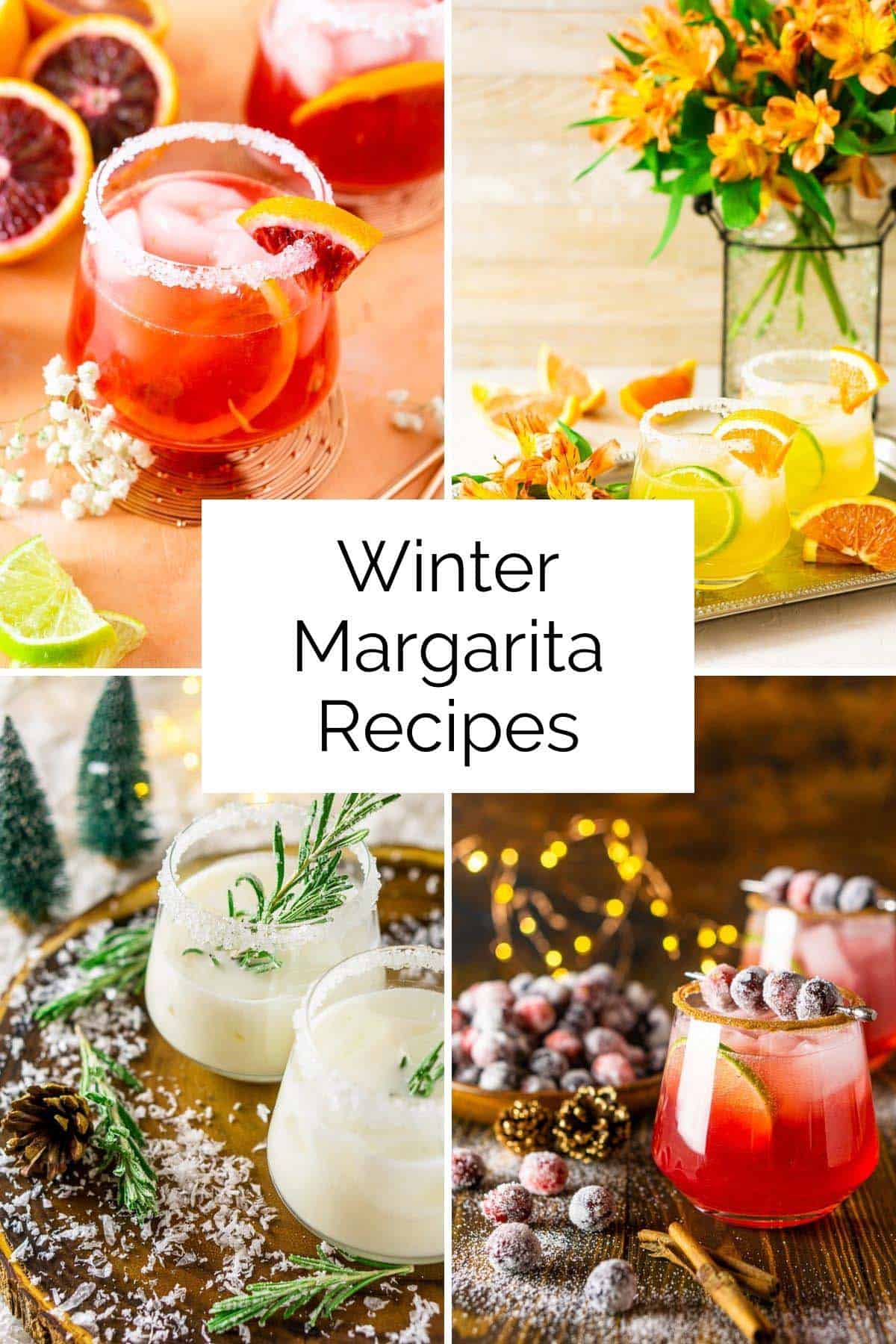 A collage showing four featured winter margarita recipes with text overlay.
