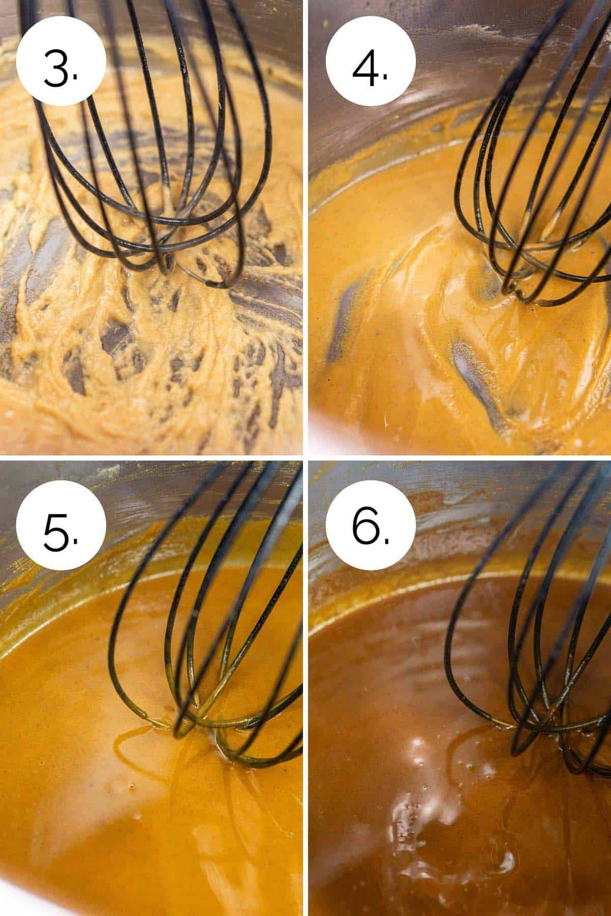 A collage showing the process of cooking the gumbo roux until it's dark brown.