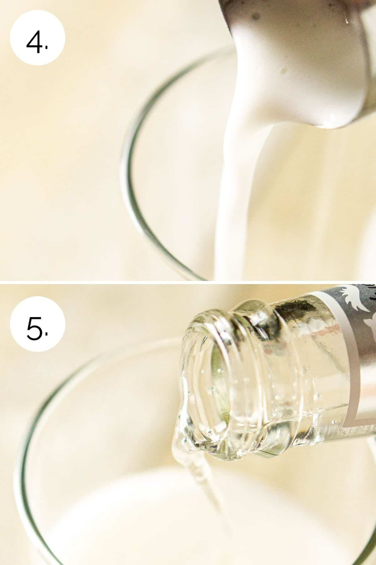 A collage showing the process of straining the cream mixture and then topping with club soda.