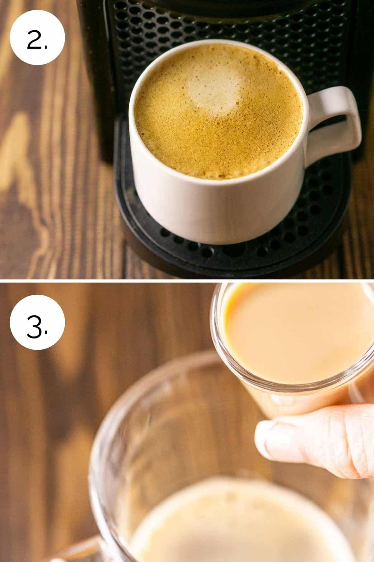 A collage showing the process of making the espresso and adding the Baileys to a mug.