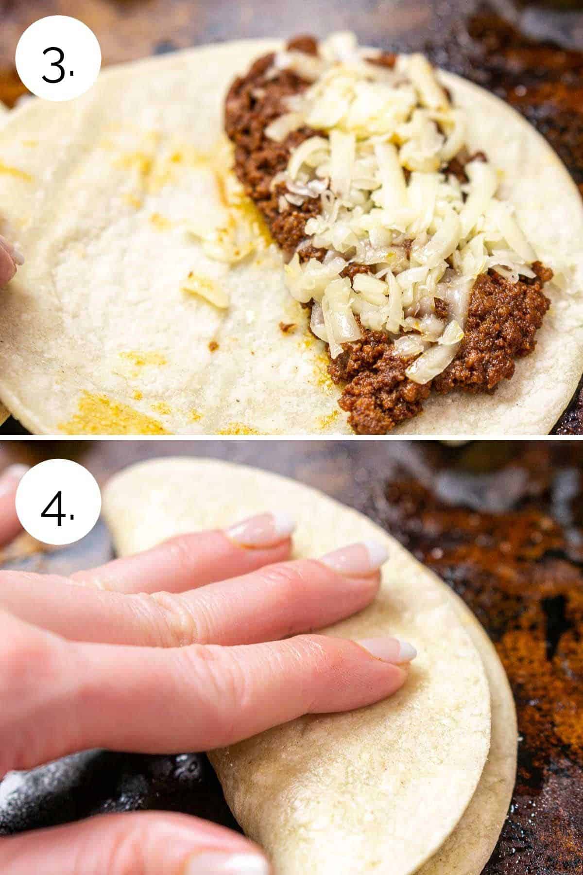 A collage showing the process of how to fill and fold the tacos before baking.