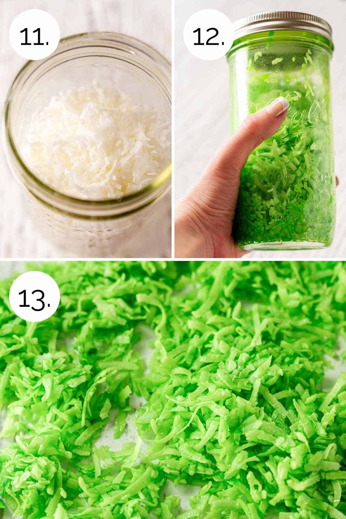 A collage showing the process of making the dyed coconut grass in a mason jar.