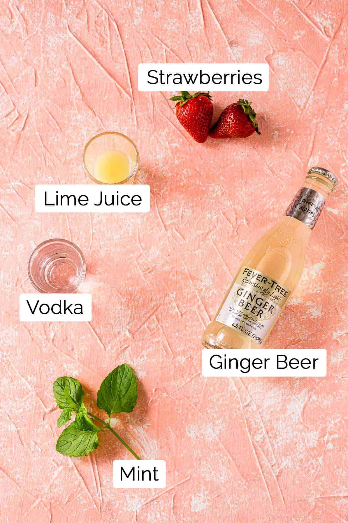 The ingredients on a pink board with black and white labels.