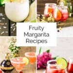 A collage showing four different fruity margarita recipes with a white box and black text.