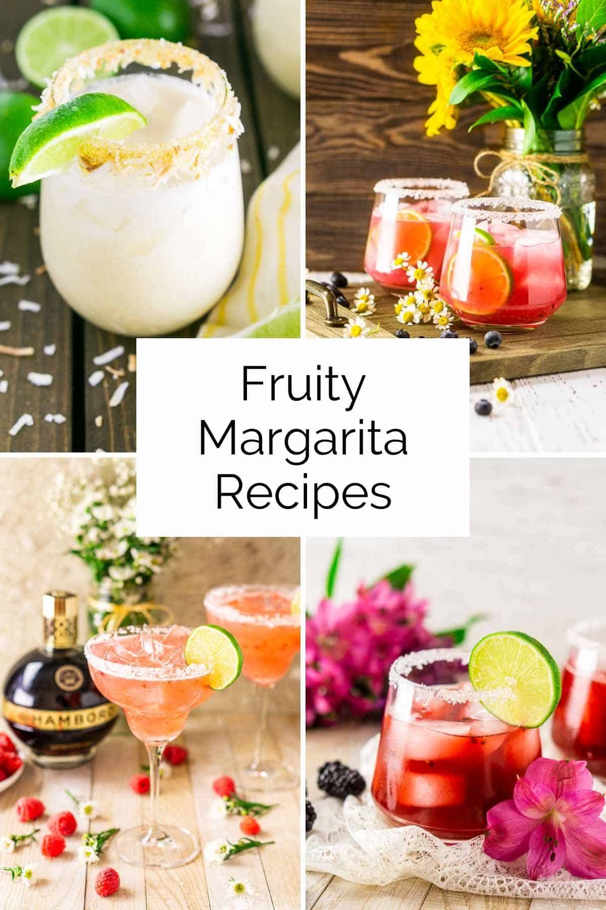 A collage showing four different fruity margarita recipes with a white box and black text.