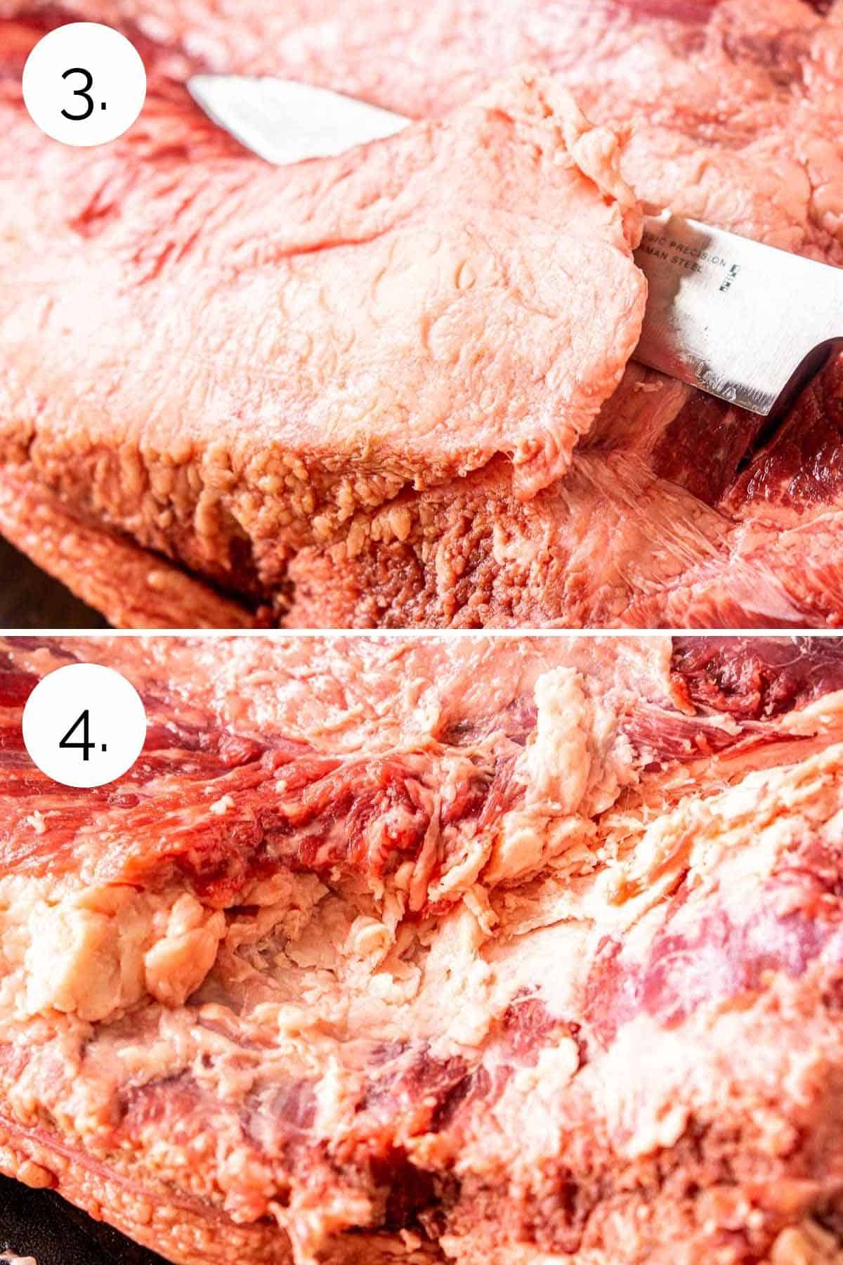 Showing the process of trimming the hard fat on the the underside of the brisket.