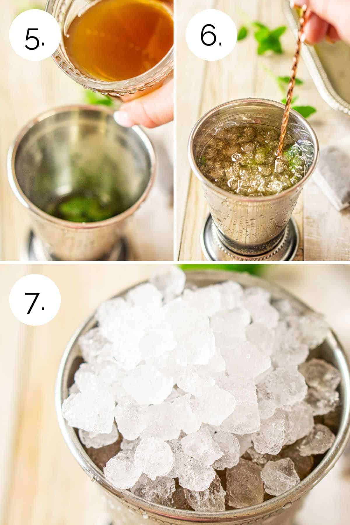 A collage showing the process of adding the ice and stirring the sweet tea mint julep.
