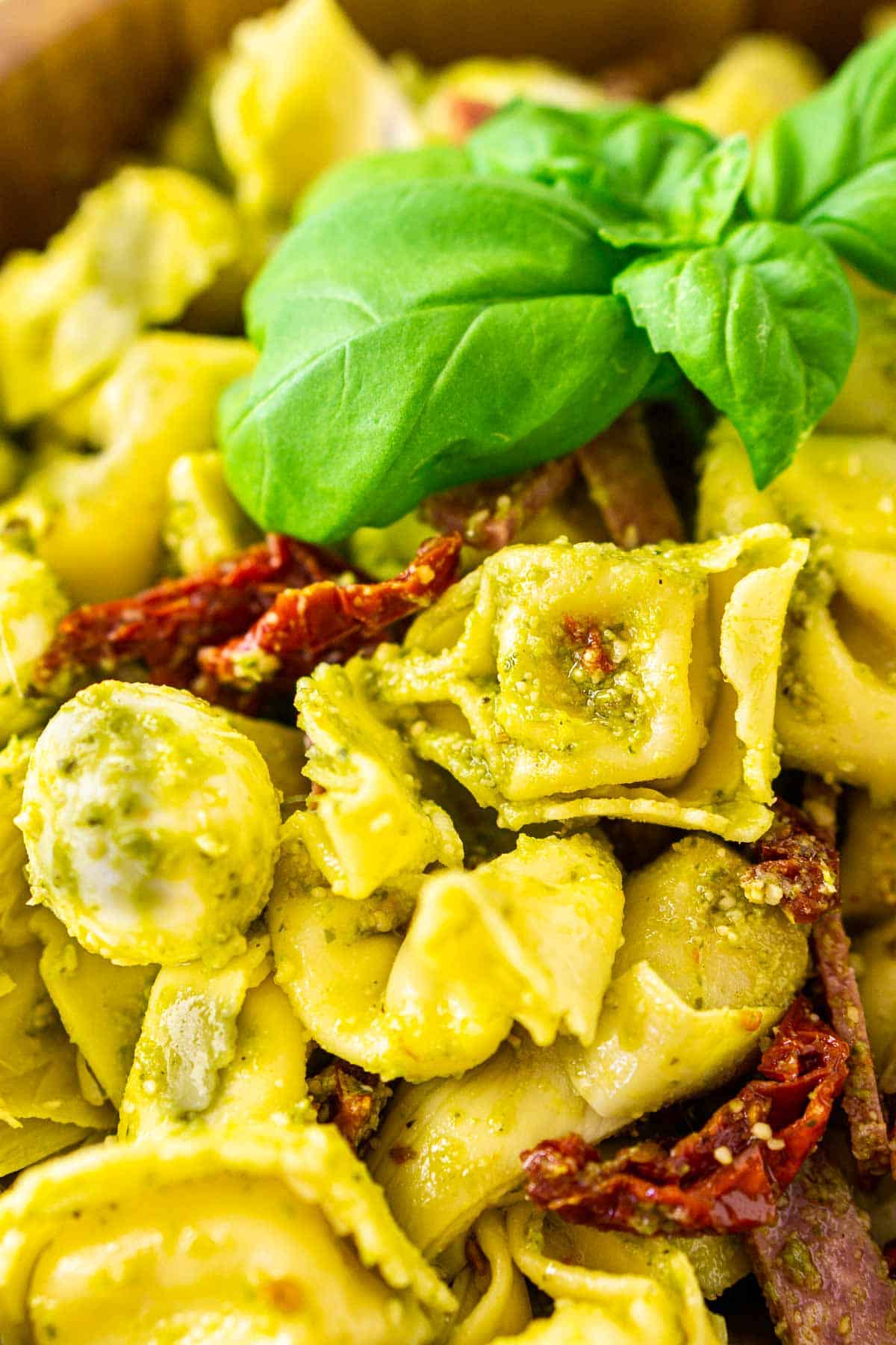 A close-up shot of the pesto tortellini salad with a focus on a piece of pasta.