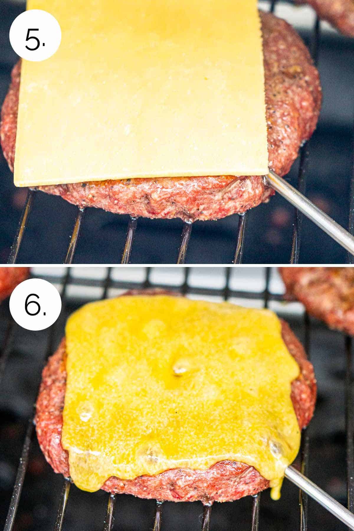 A collage showing the process of adding the cheese until it melts with a leave-in thermometer in the meat.