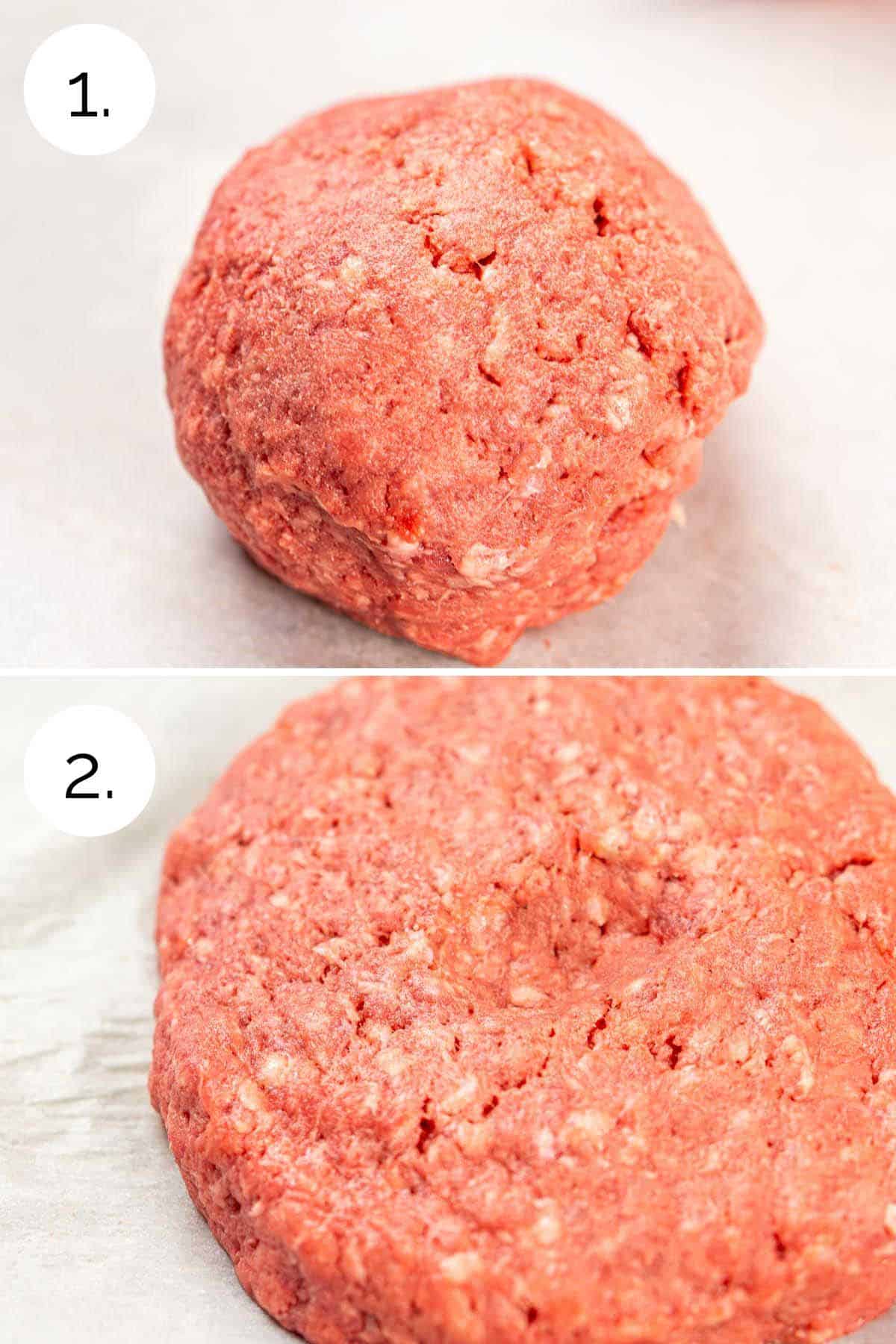 A collage showing the process of rolling the meat into a ball and forming into a patty.