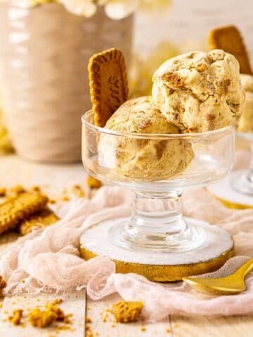 The Biscoff ice cream in a small glass dessert cup with crushed cookies and a gold spoon in front of it.