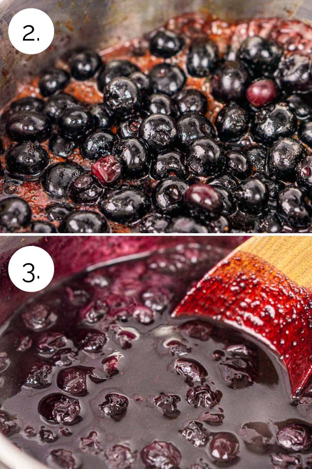 A collage showing the process of cooking the blueberries until they turn saucy.