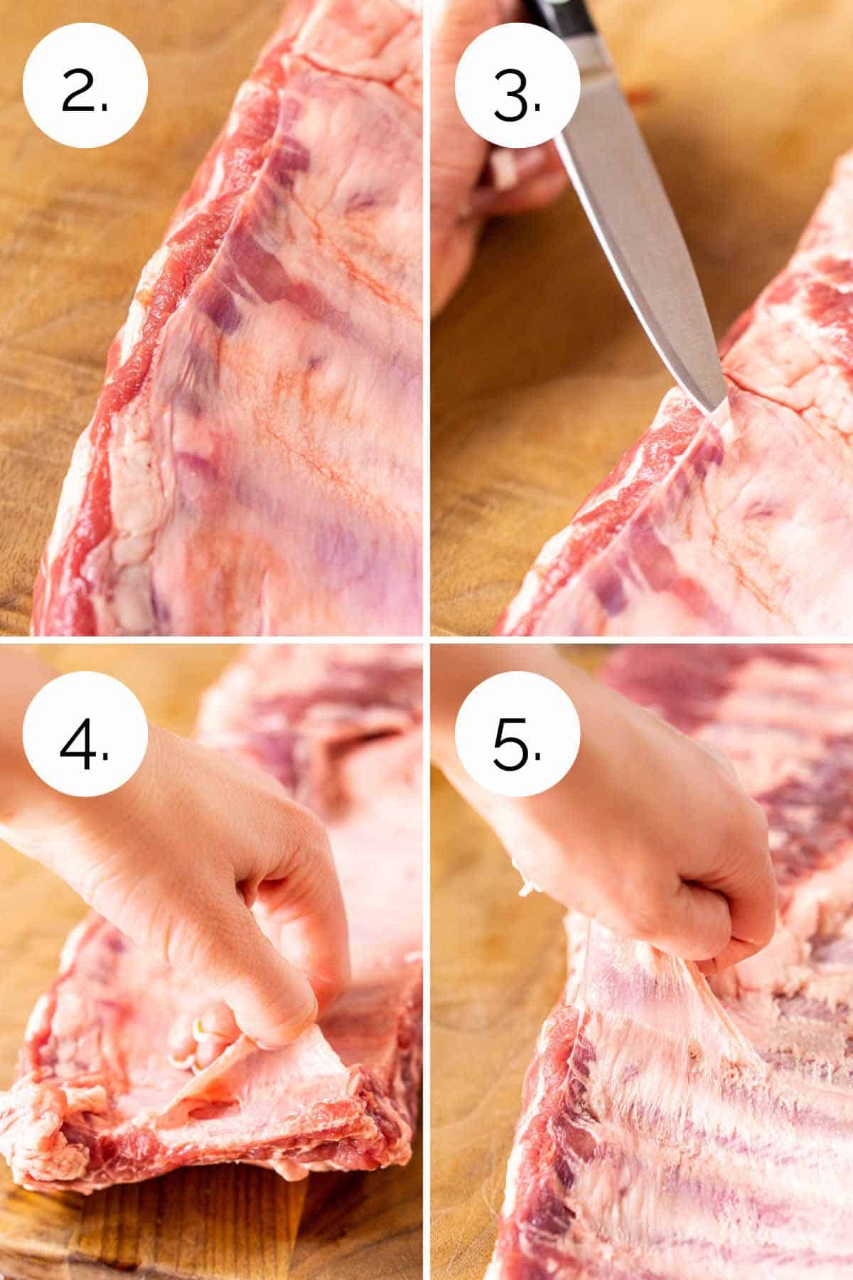 A collage showing the process of using a knife and fingers to remove the membrane from the ribs.