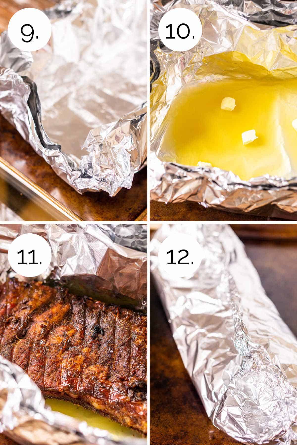 A collage showing how to wrap the ribs in foil with the apple cider and butter.