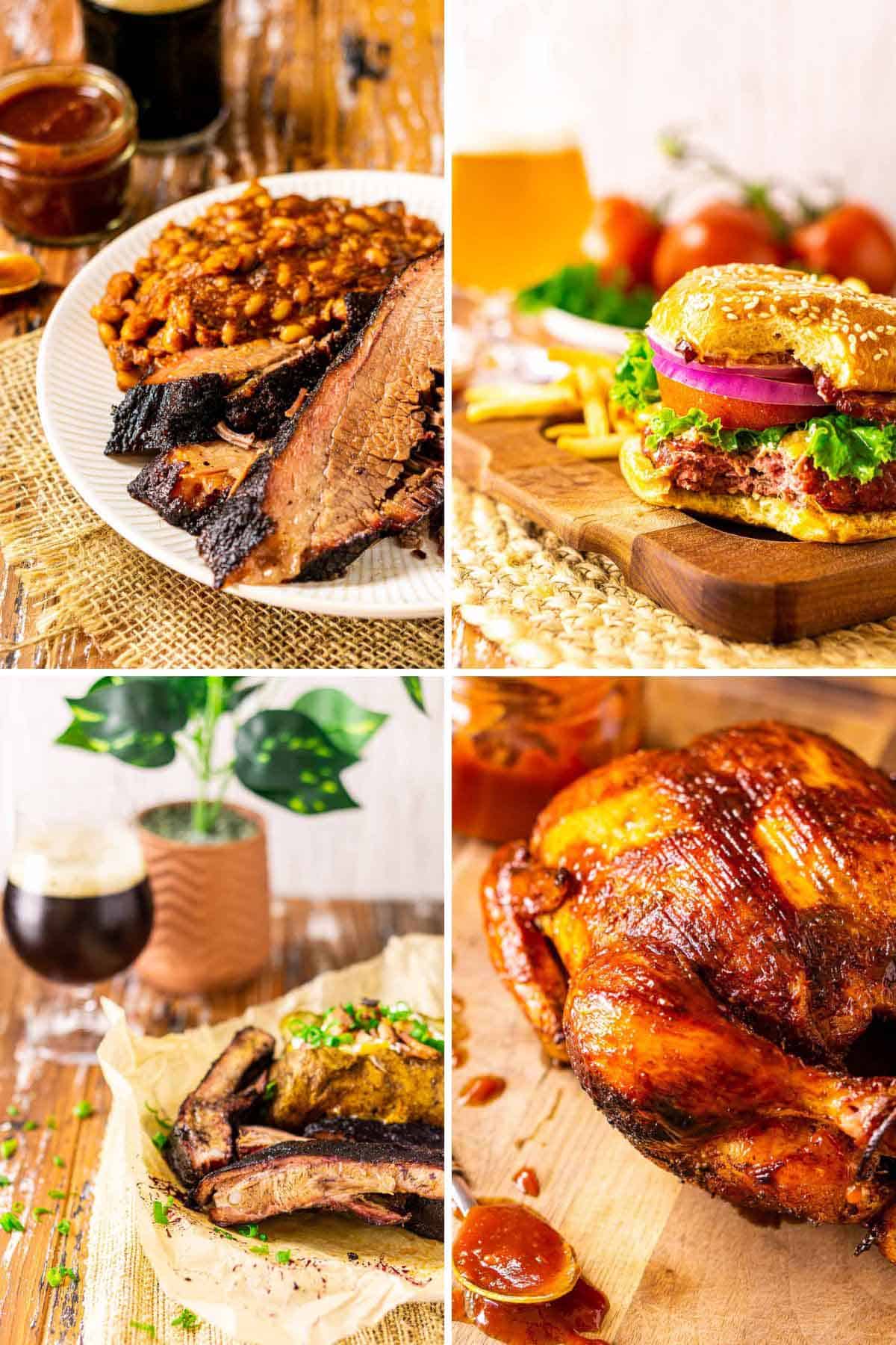 A collage showing four different dishes that are great to eat with baked beans.