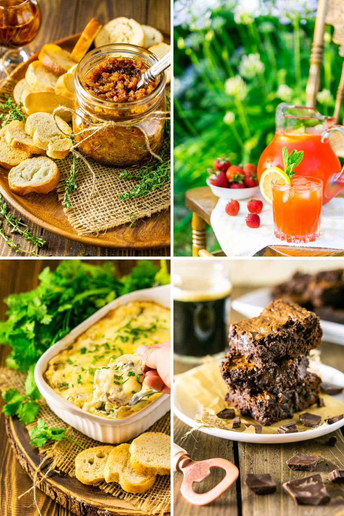 A collage with different images of appetizers, desserts and drinks for pairing.