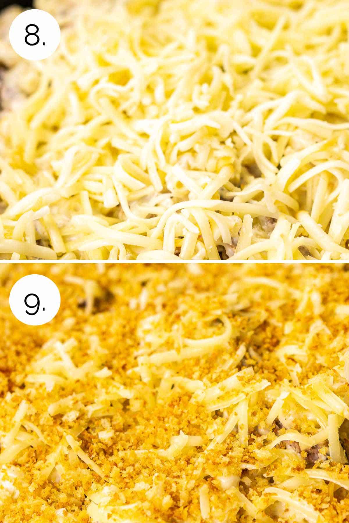A collage showing the process of layering the macaroni in the baking dish.