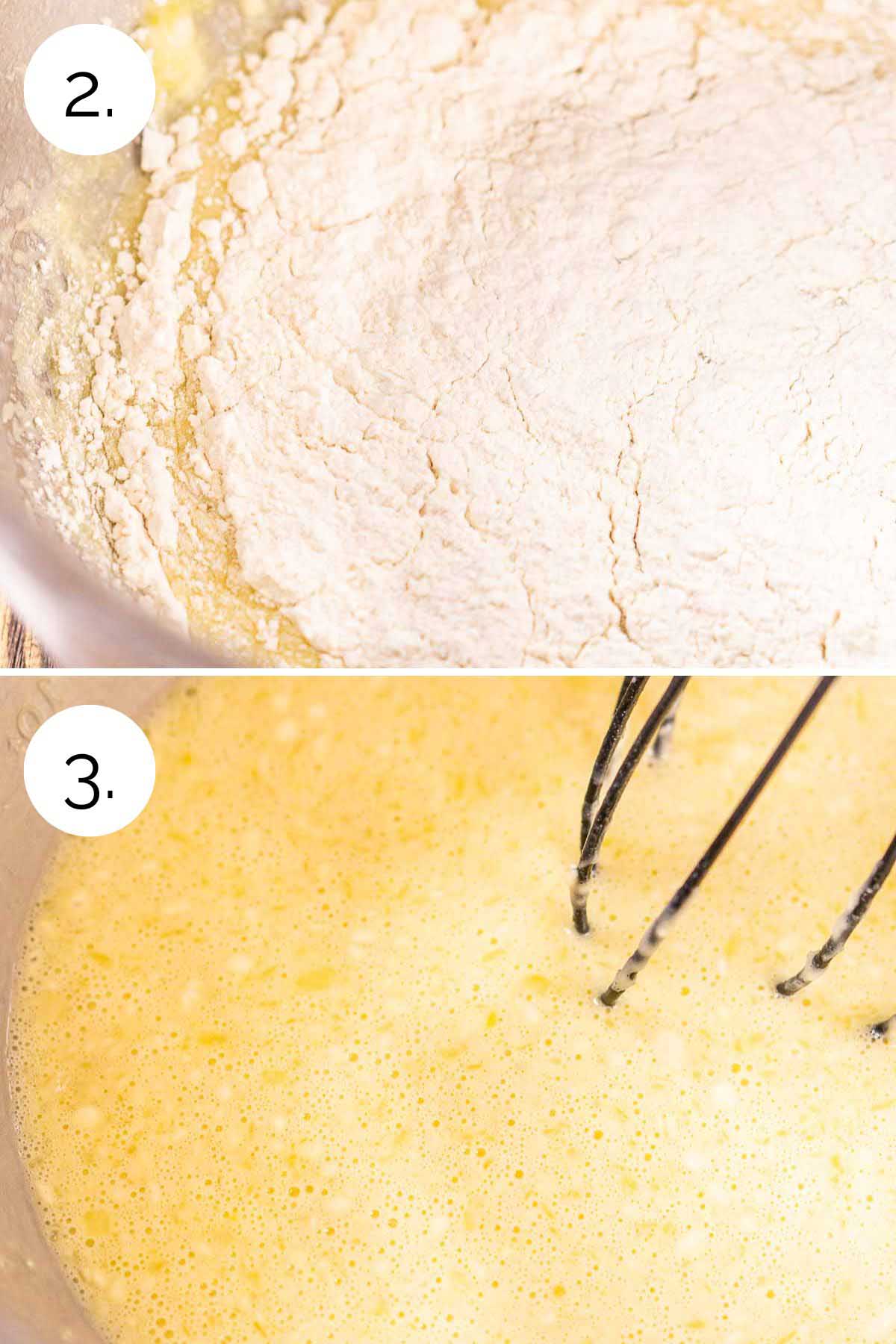 A collage showing the process of adding the flour and whisking to make the batter.
