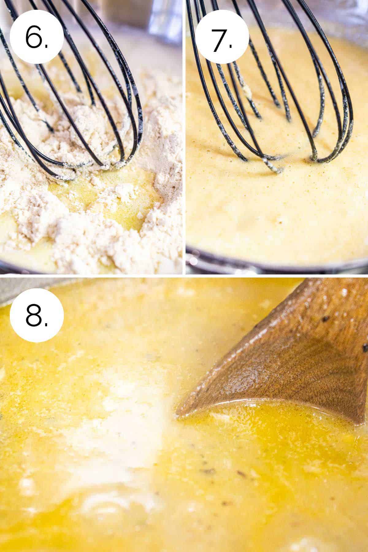 A collage showing the process of whisking the roux and then adding it to the chili to thicken.