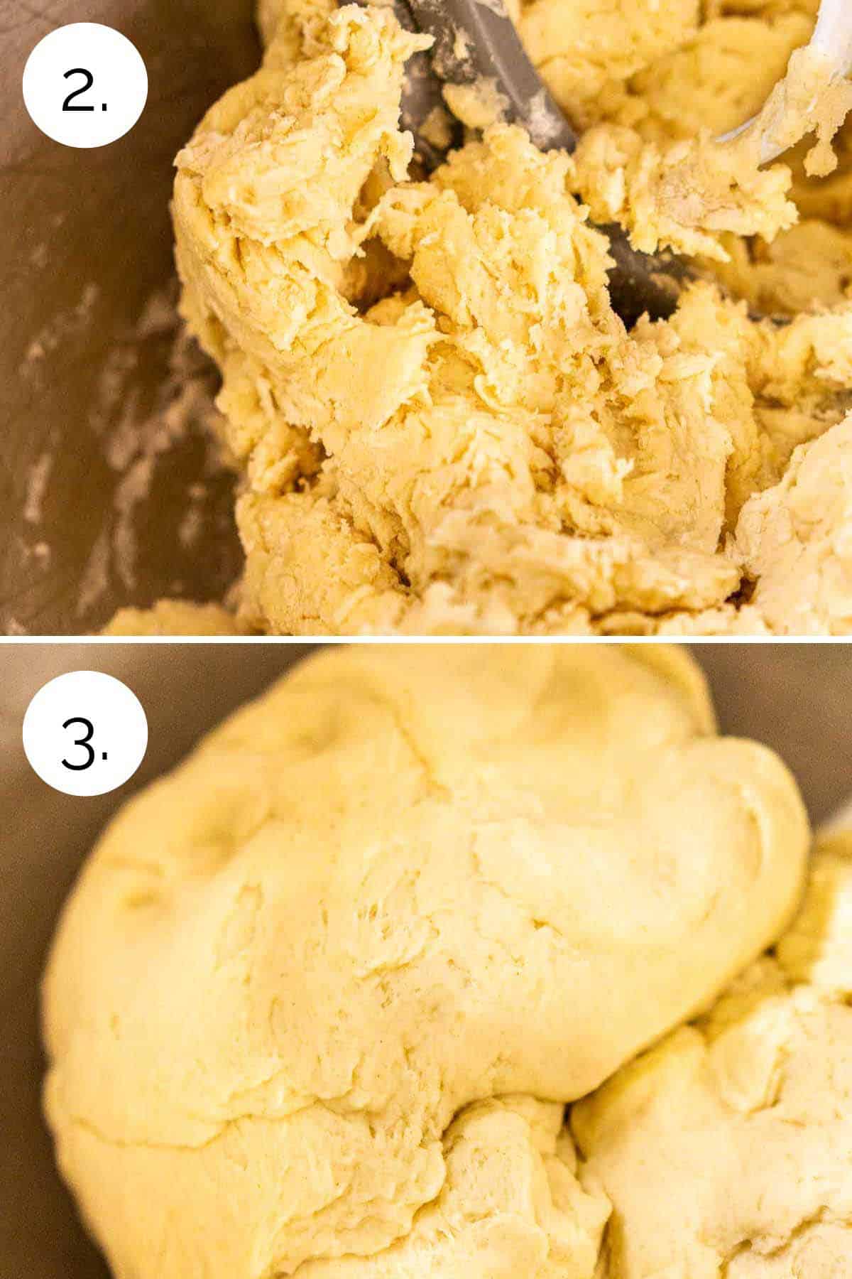 A collage showing the process of forming the dough in a large mixing bowl.
