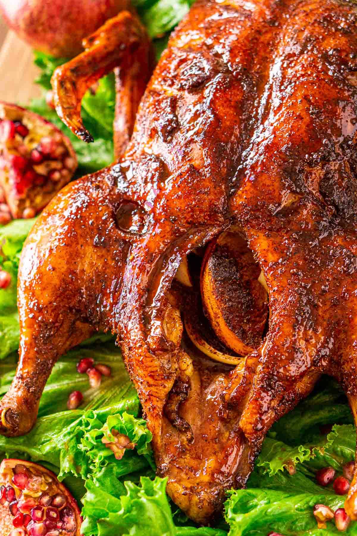 A close-up shot of the smoked duck on green lettuce with pomegranates on the bottom.