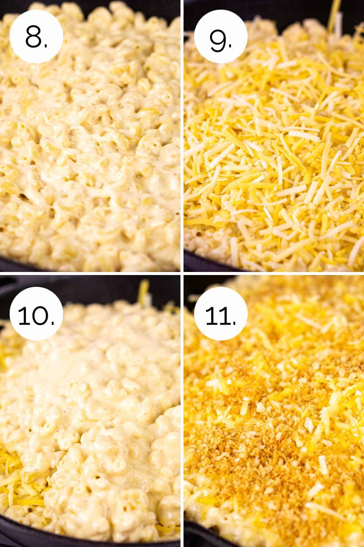 A collage showing the process of assembling the mac and cheese in a cast-iron skillet before smoking.