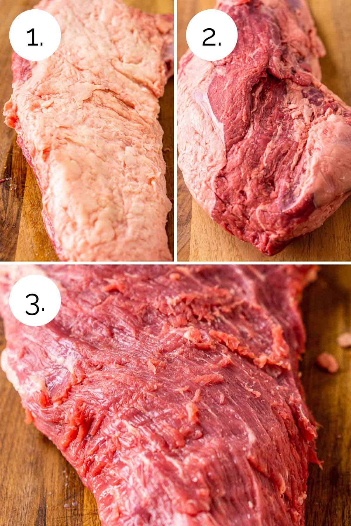 A collage showing the process of trimming both sides of the tri tip on a wooden cutting board.