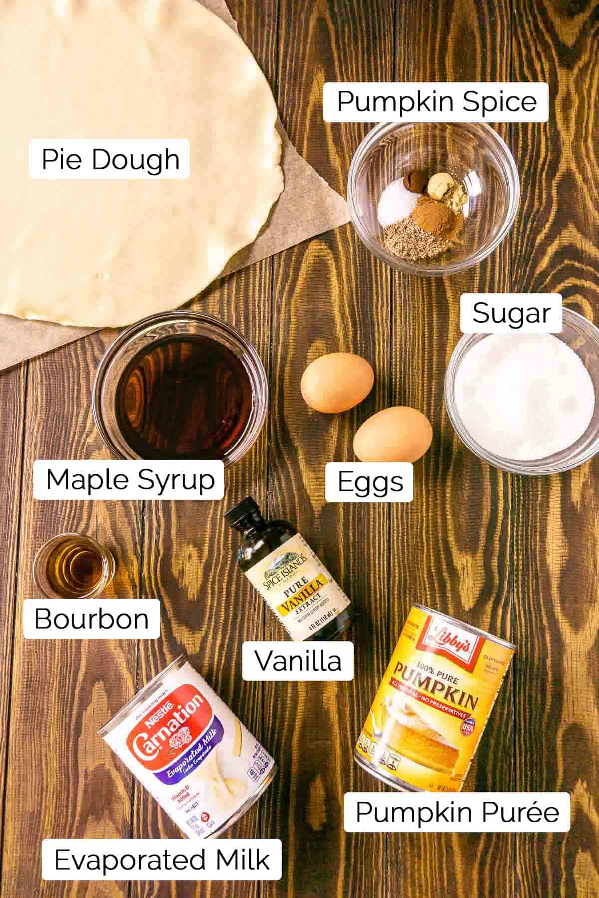 The pie ingredients on a brown wooden board with black and white labels.