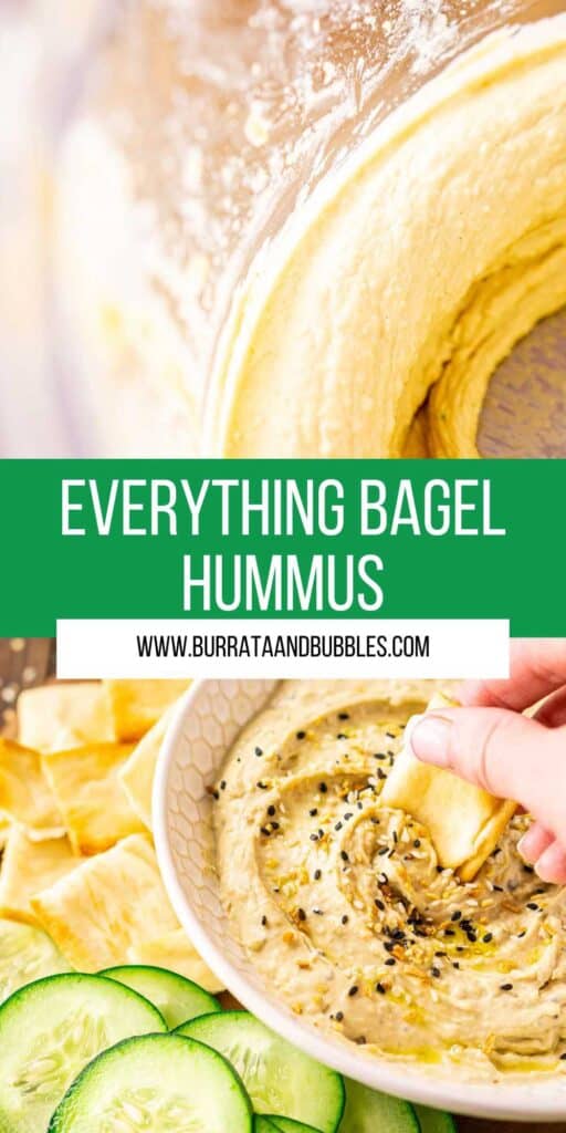 A hand dipping a pita chip into the hummus with cucumbers to the side and text overlay on top of the image.