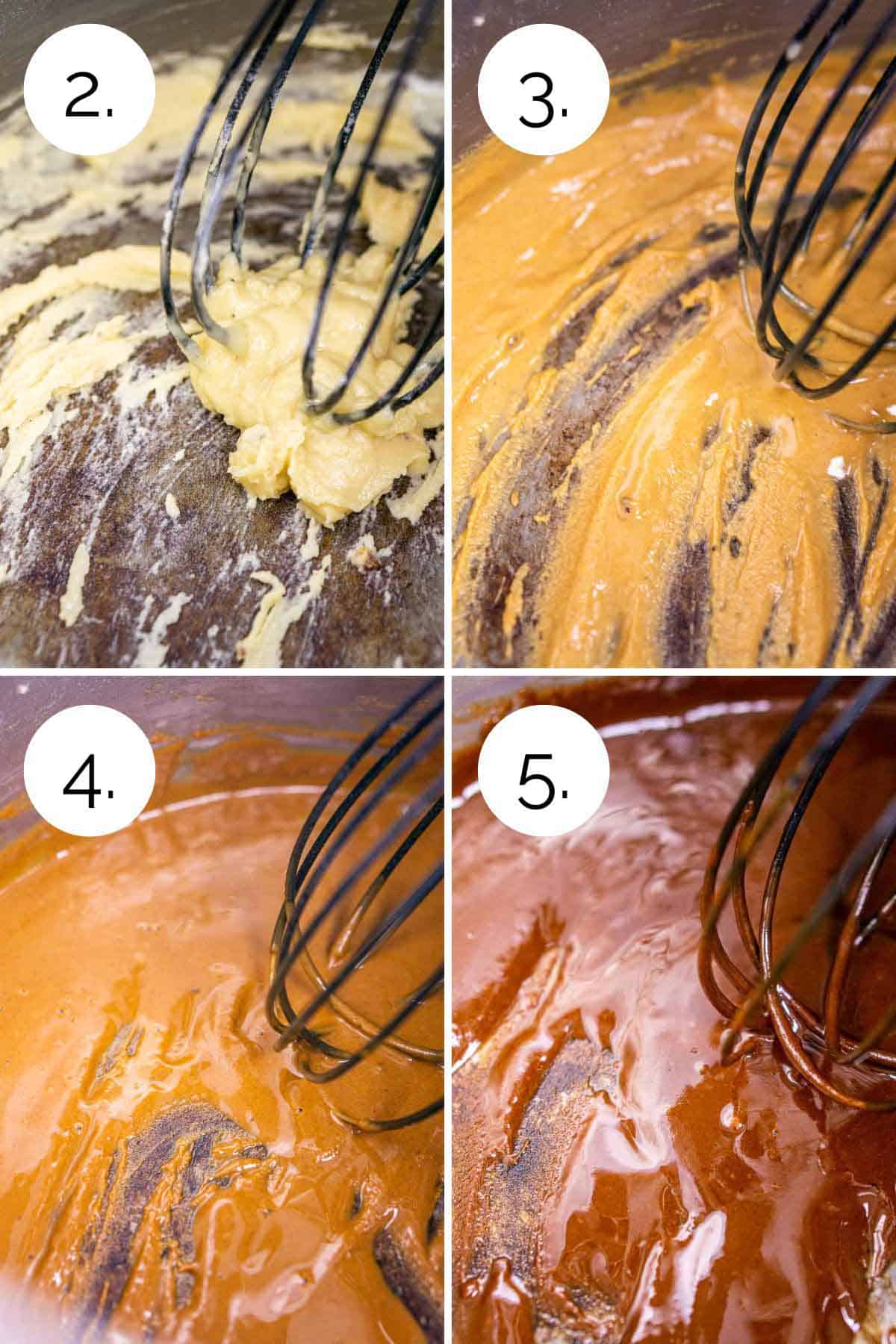 A four-photo collage showing the process of cooking the gumbo roux from a pale blond to a dark chocolate color in a large stainless steel stock pot.