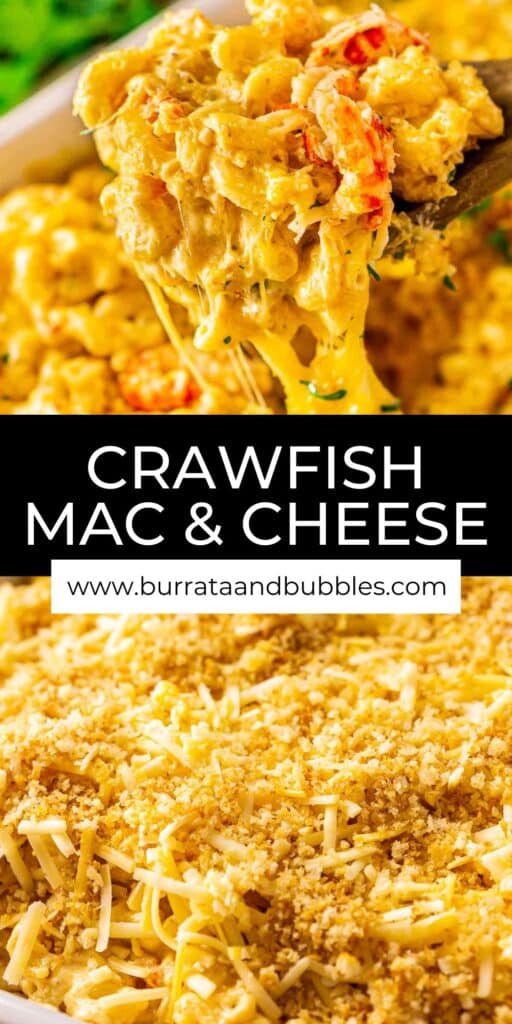 A collage of the crawfish mac and cheese before and after baking with text overlay in the middle of the two images.
