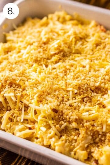 The macaroni in a white baking dish after the second layer and it's been topped with panko crumbs.