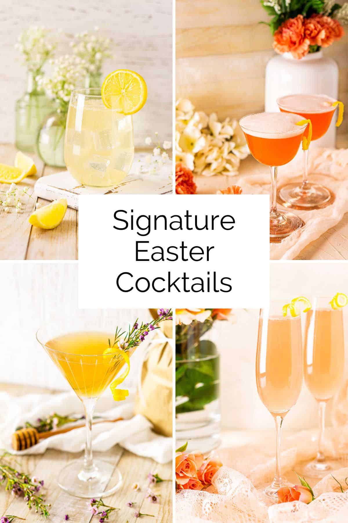 A collage of four different Easter cocktails with text overlay in the center of the images.