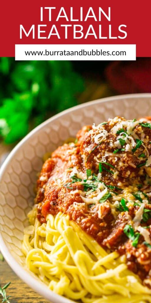 A bowl of Italian meatballs on spaghetti with fresh herbs around it and text overlay on top of the image.