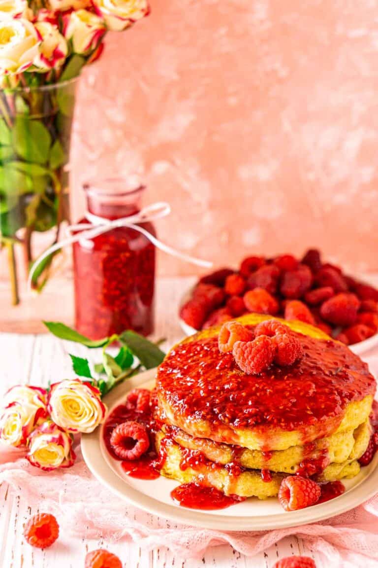 Raspberry Pancakes With Raspberry Syrup - Burrata and Bubbles