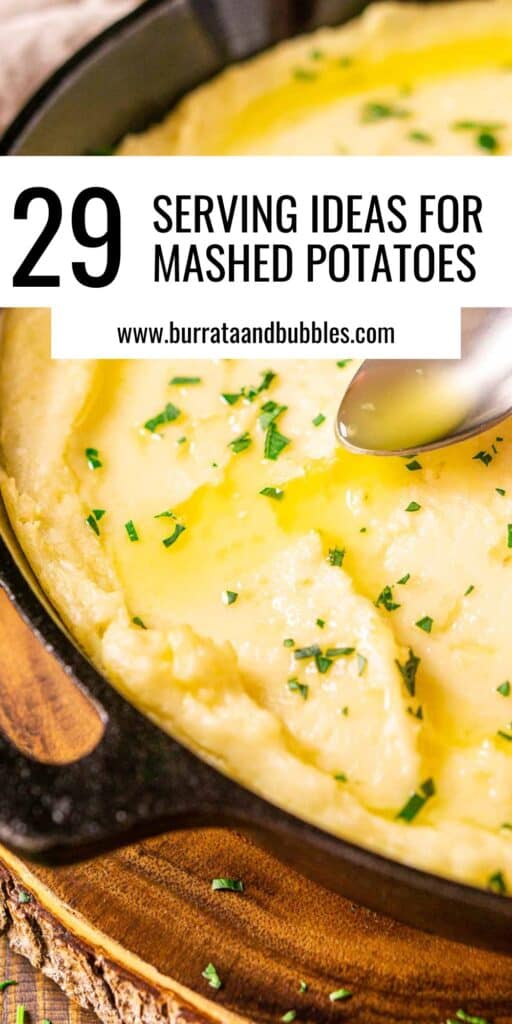 A black cast-iron skillet filled with mashed potatoes on a wooden tray with text overlay in the middle of the image.