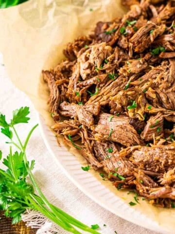 The Instant Pot shredded beef on a white place on top of a placemat with a bundle of fresh cilantro in the background.