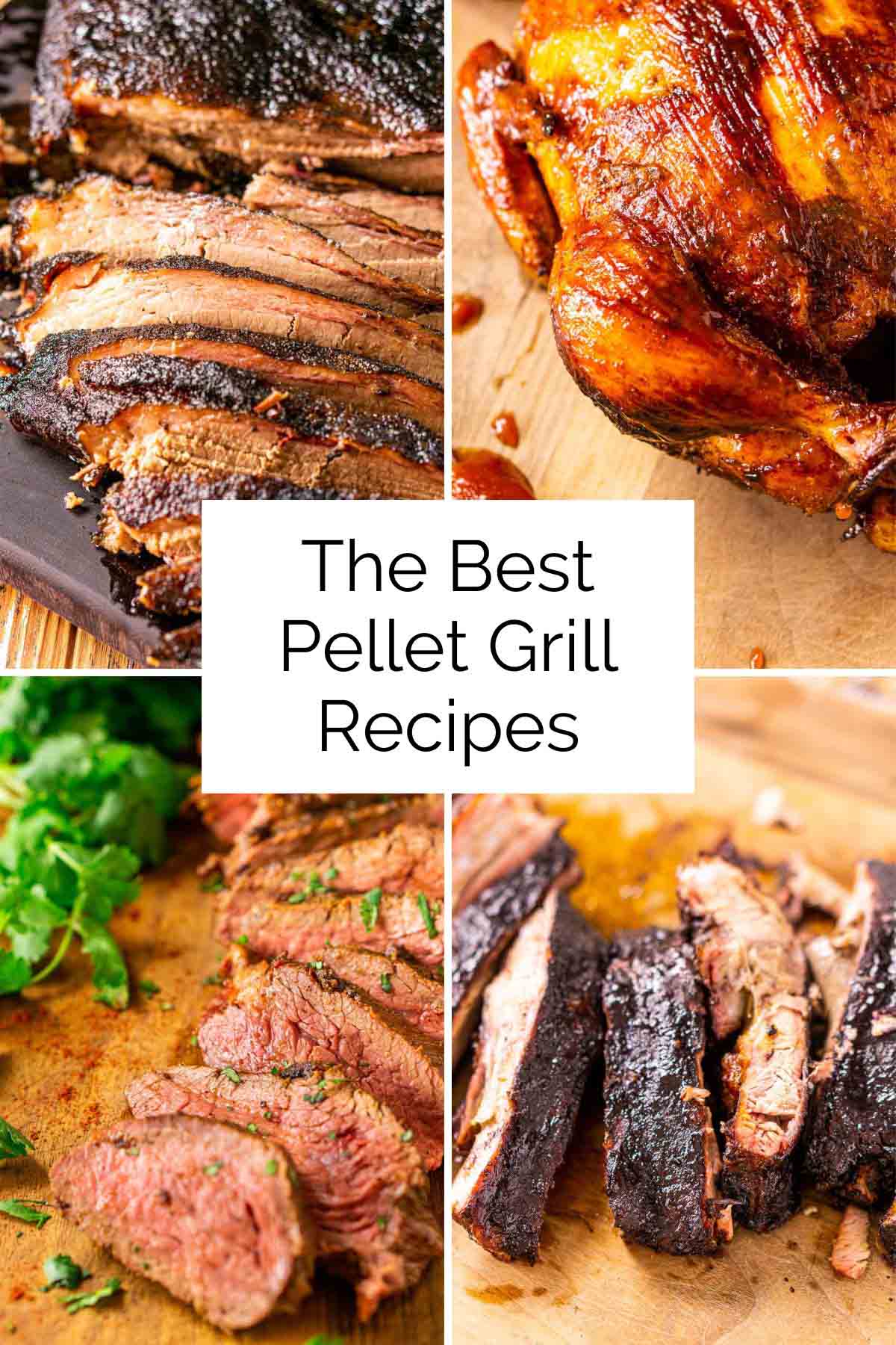 A photo collage of four different pellet grill recipes with a block of white and black text in the middle.