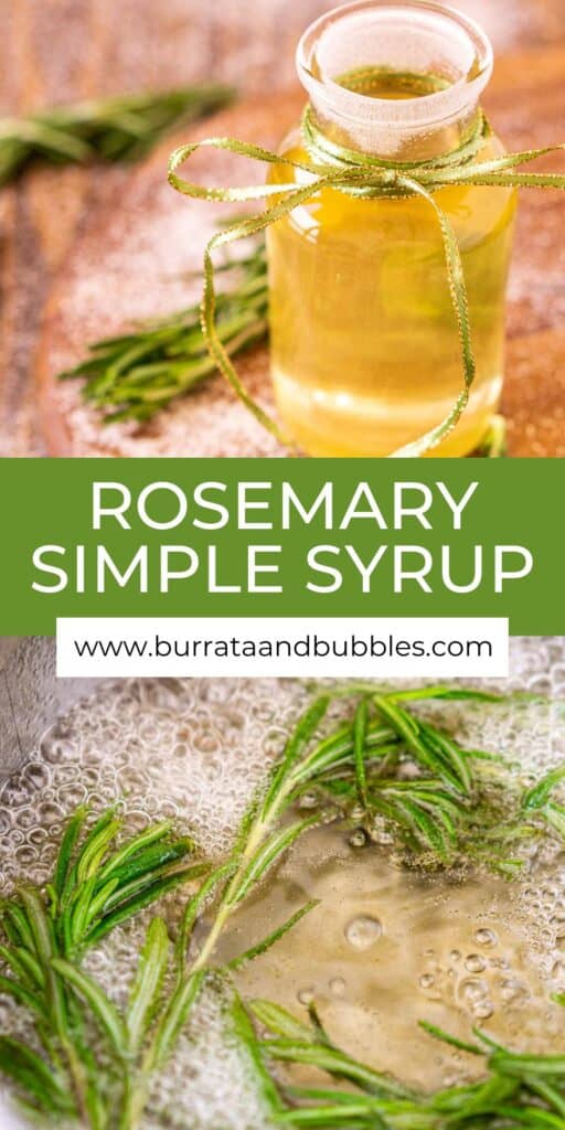 A collage of a bottle of rosemary simple syrup with text overlay in the middle.