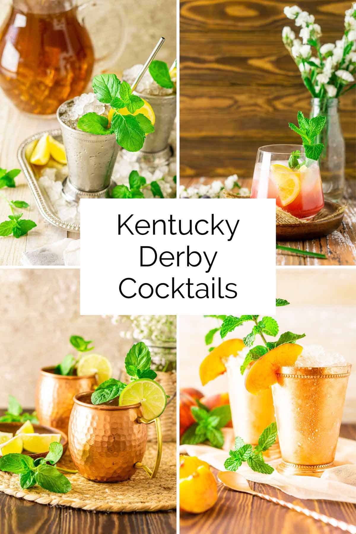 A photo collage of four different Kentucky Derby cocktails with a block of text overlay in the center of the images.