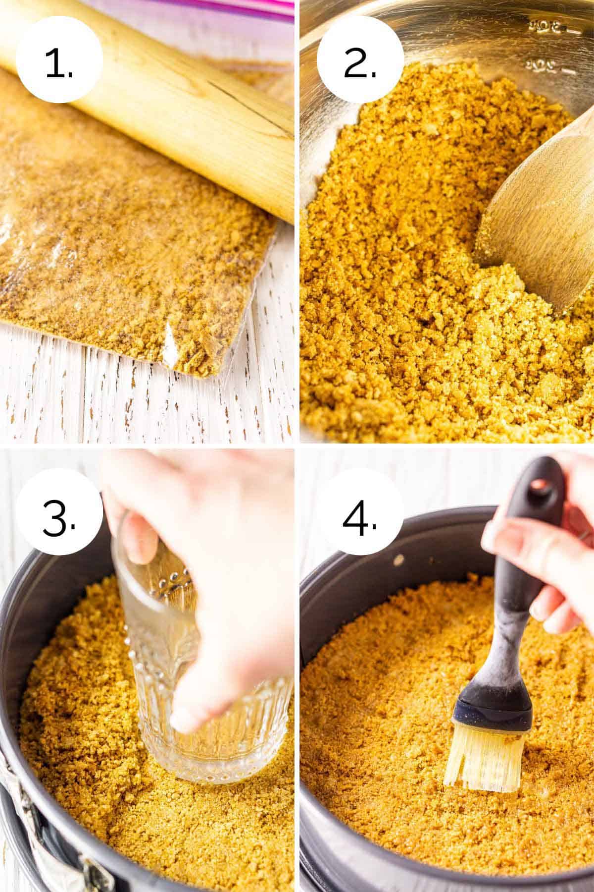 A four-photo collage showing the process of preparing the graham cracker crust in a springform pan.