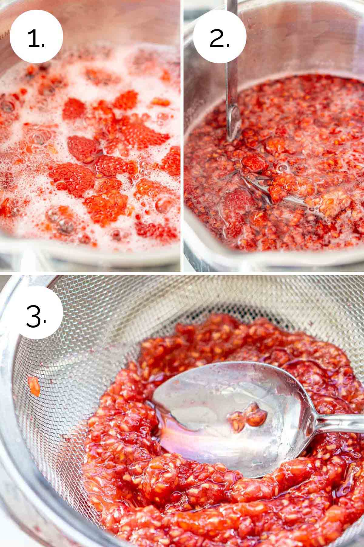 A collage showing the process of making the raspberry simple syrup for the drink.