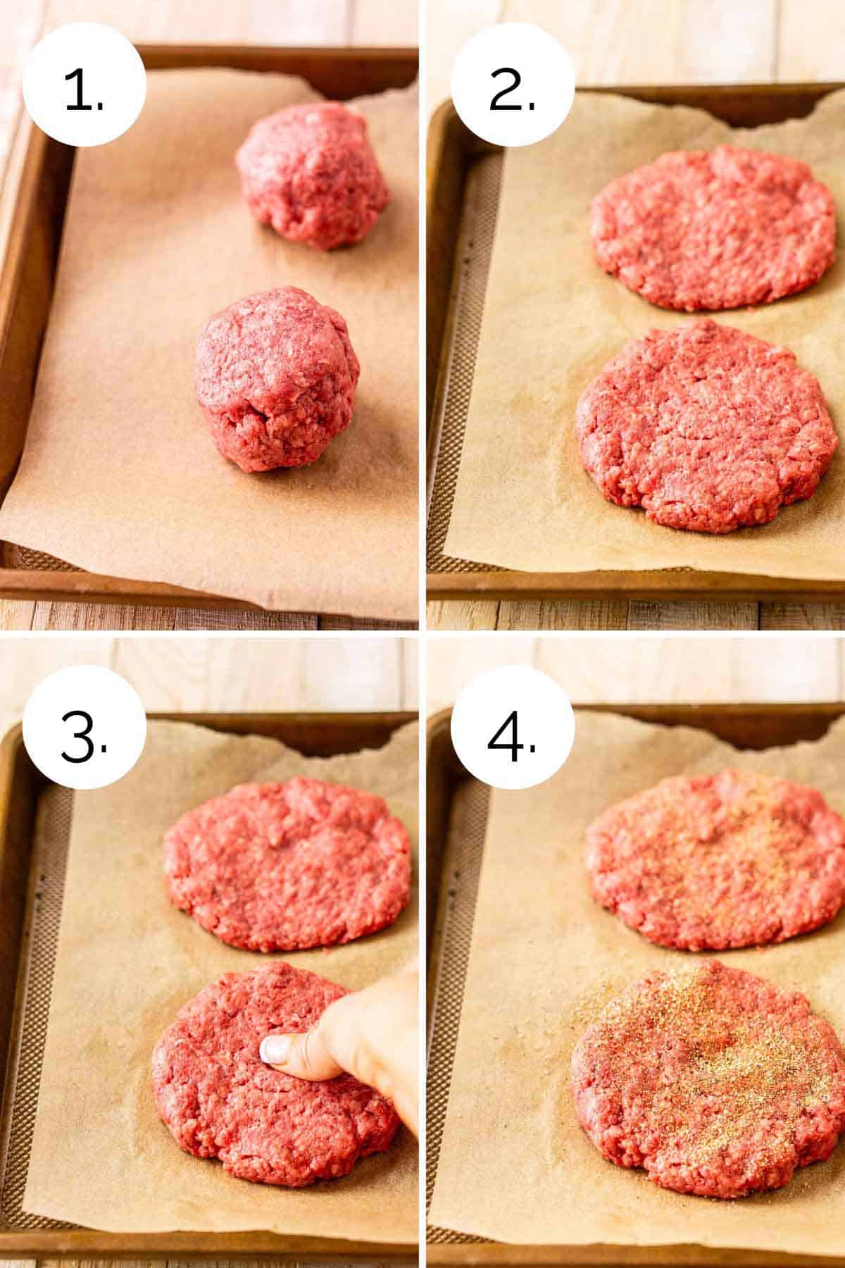 A four-photo collage showing the process of forming the burger patties on a gold baking sheet with parchment paper.