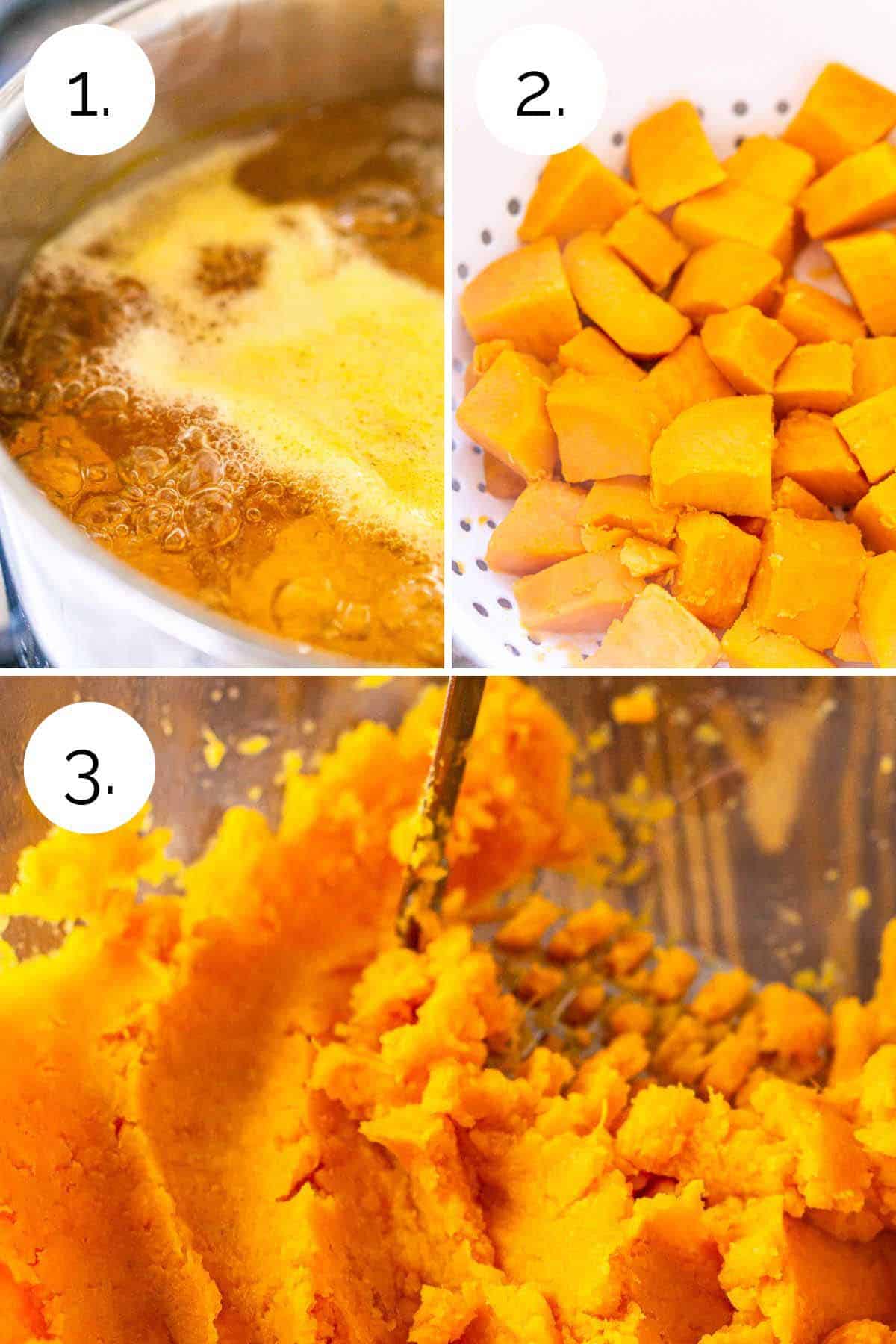 A collage showing the process of boiling, draining and mashing the sweet potatoes.