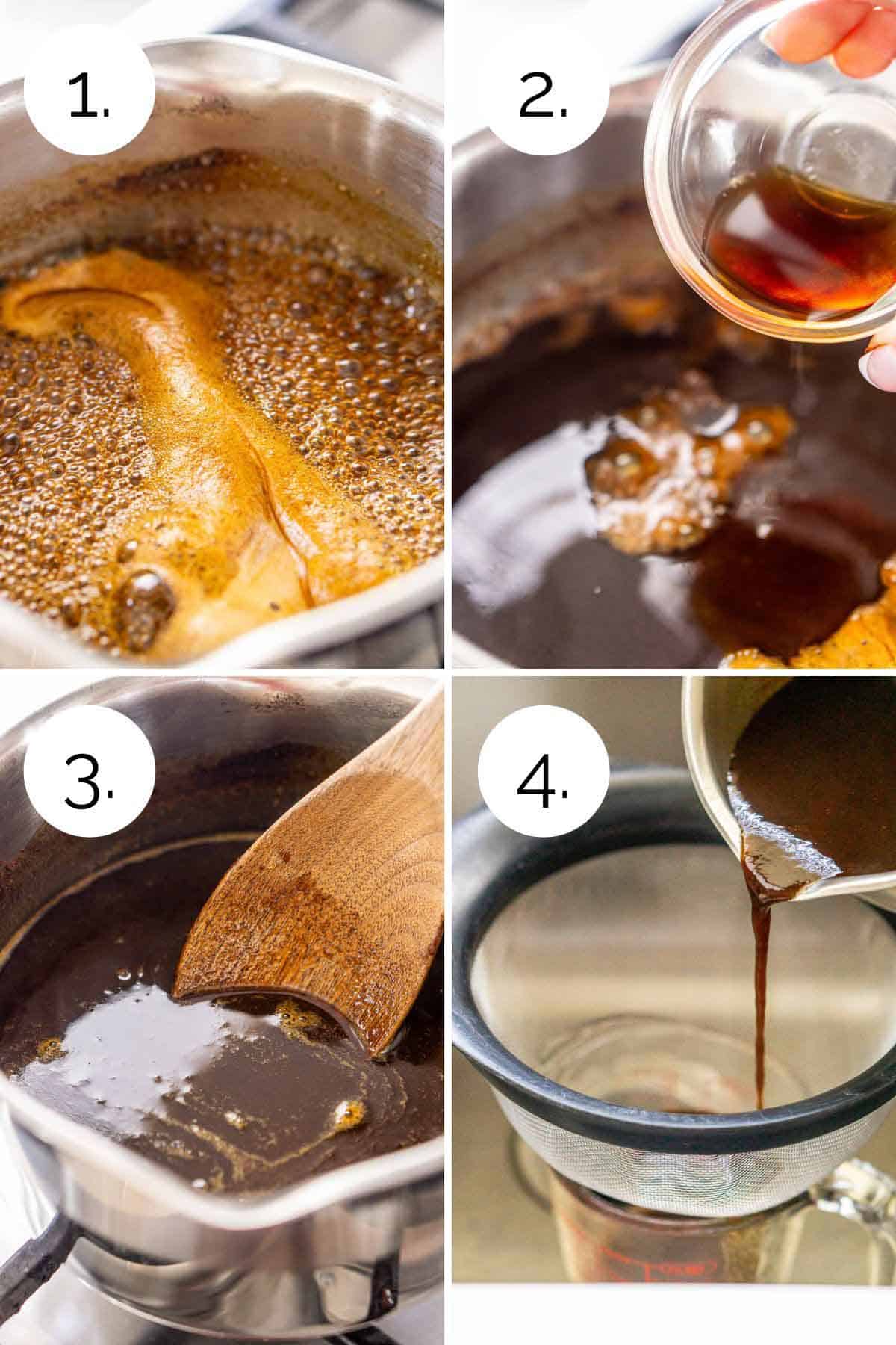 A four-photo collage showing the process of making the homemade pumpkin spice simple syrup.