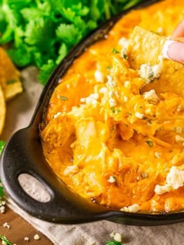 A hand dipping a tortilla chip in the smoked Buffalo chicken dip with more tortilla chips and chopped cilantro in the background.