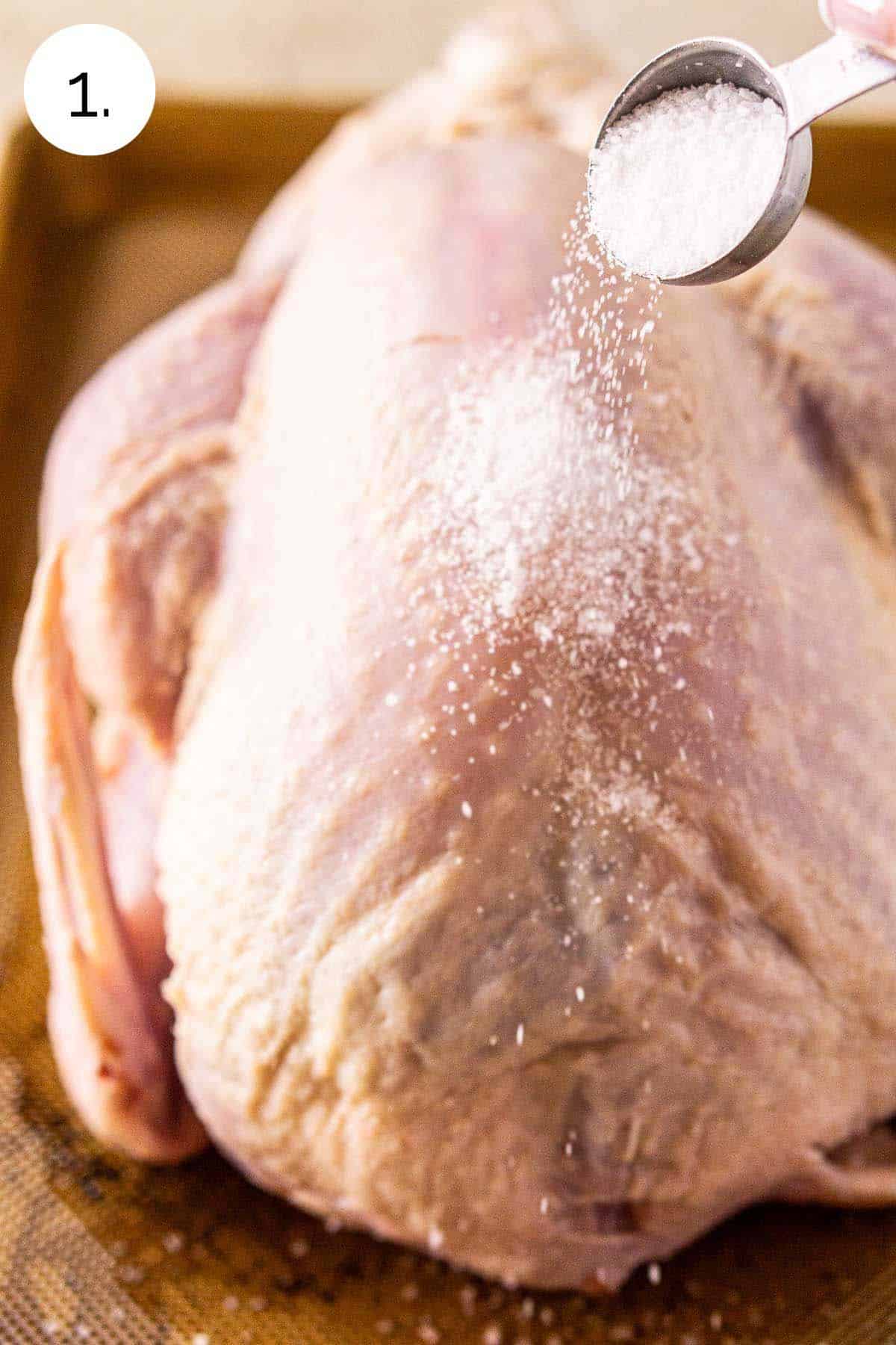 A hand shaking a tablespoon full of kosher salt all over the turkey on a baking sheet to dry brine.